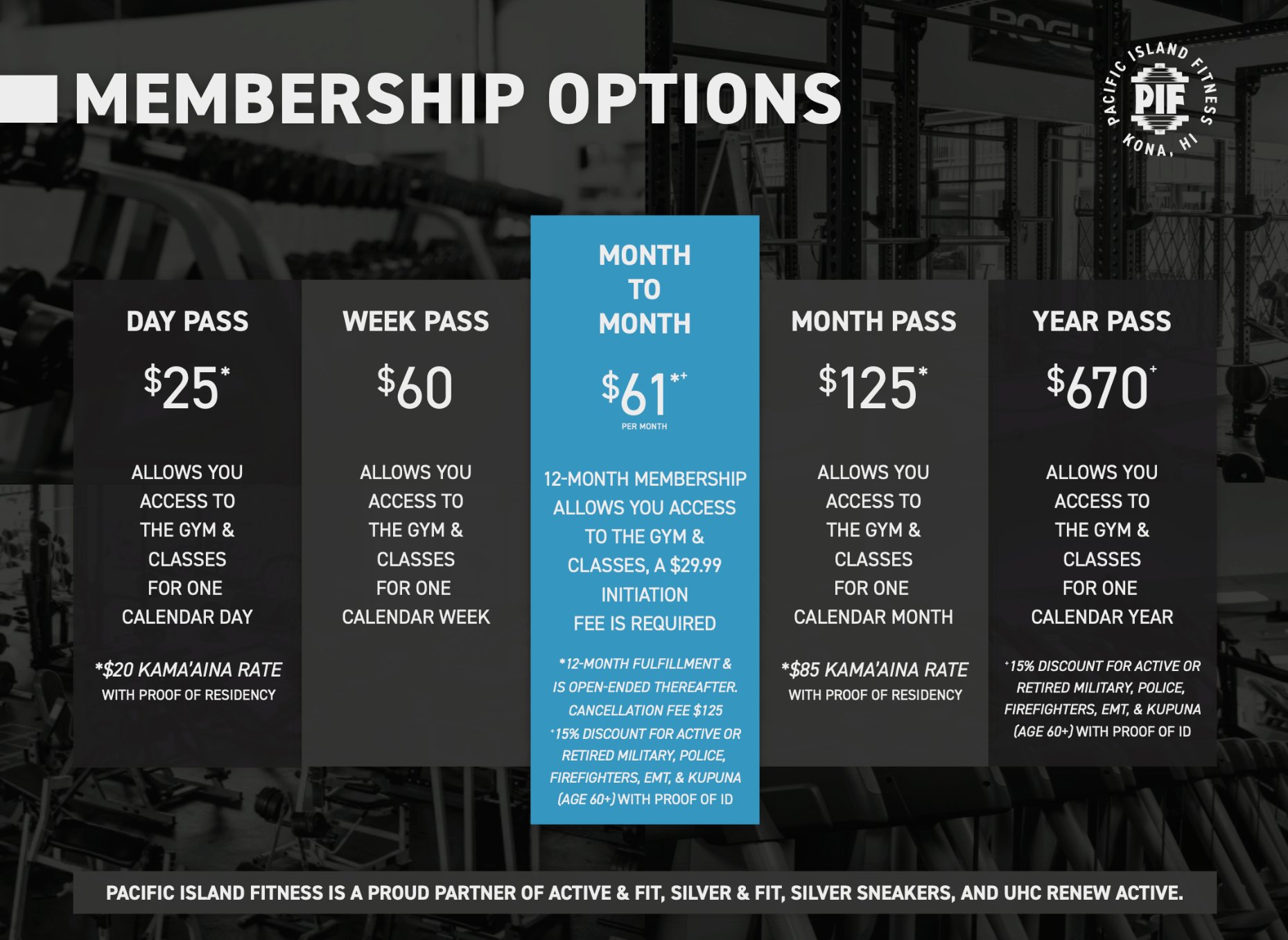 Pacific Island Fitness Membership Options — Day Pass $25 ($20 Kama'aina), Week Pass $60, Month to Month $61/mo, Month Pass $125 ($85 Kama'aina), Year Pass $670
